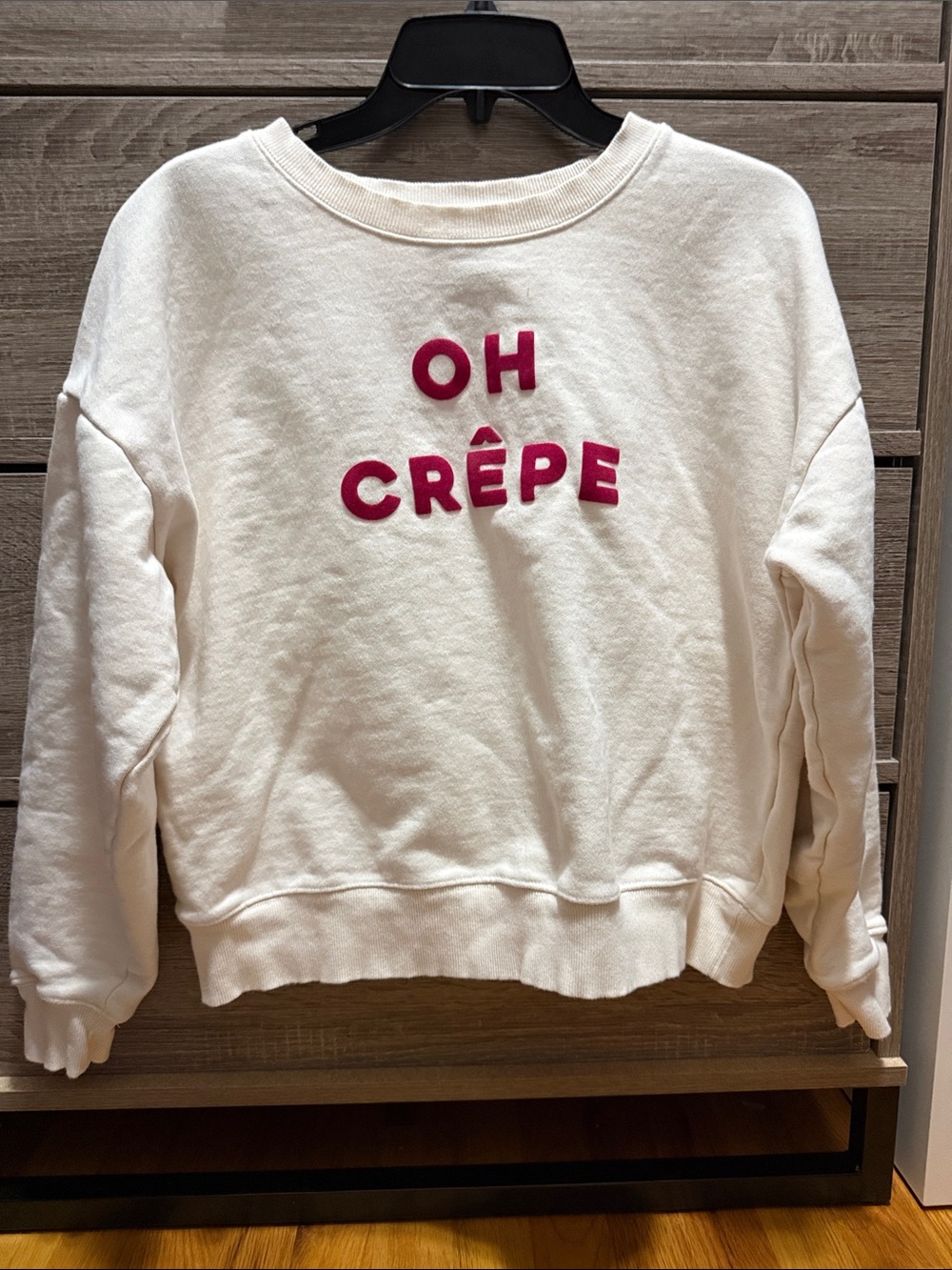Maeve Cream Crewneck Sweatshirt with Pink 'OH CRÊPE' Applique